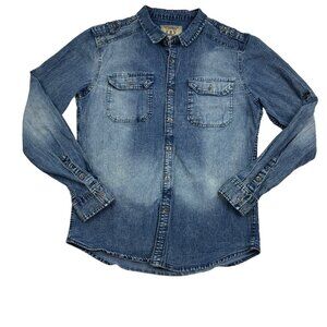 Brooklyn Laundry Distressed Wash Military Inspired Long Sleeve Button Down Shirt